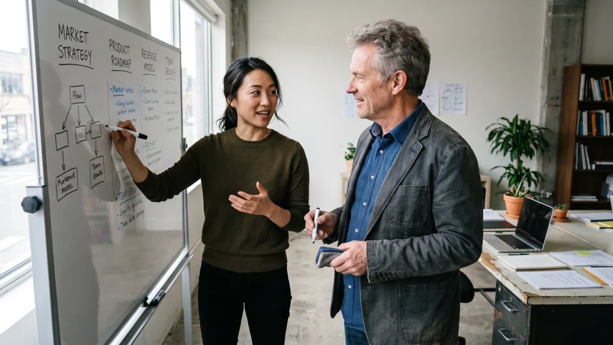 Two founders marking a whiteboard split