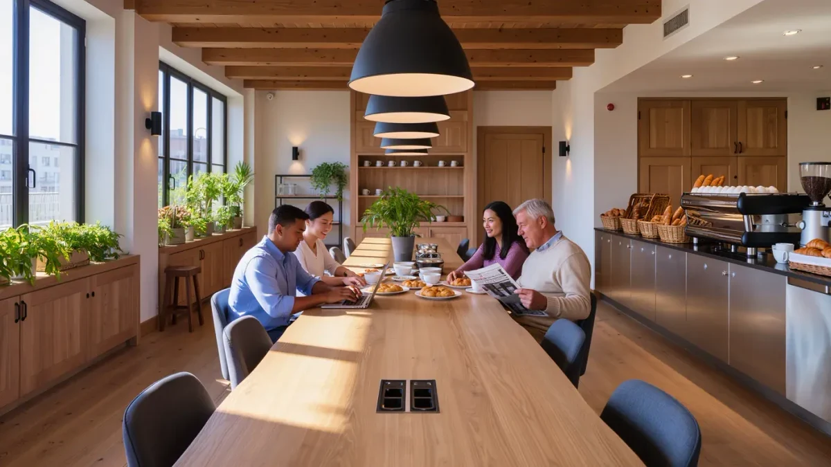 Guests at communal breakfast table in bright hotel lounge