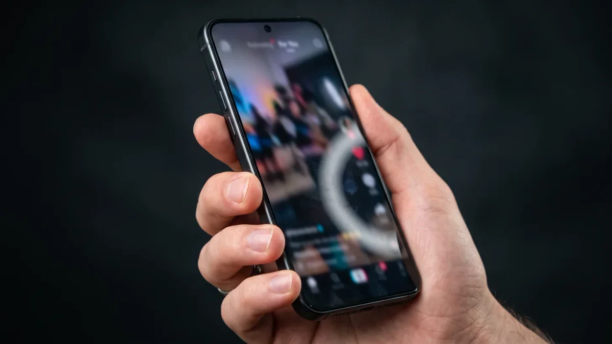 Close-up of a phone held vertically playing a short video