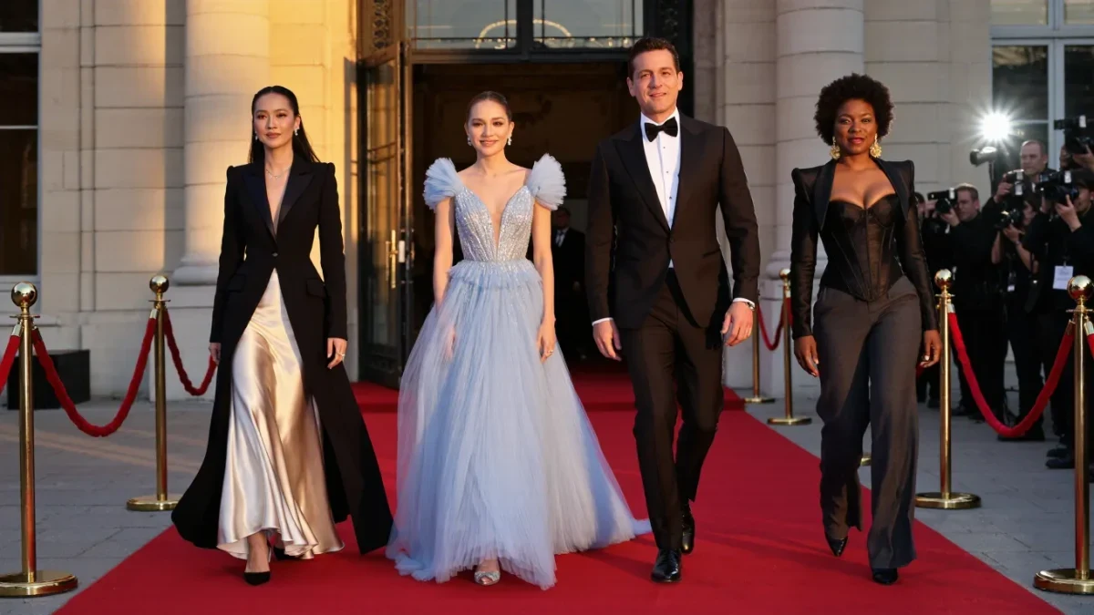 Guests in mixed formal silhouettes walking a red carpet