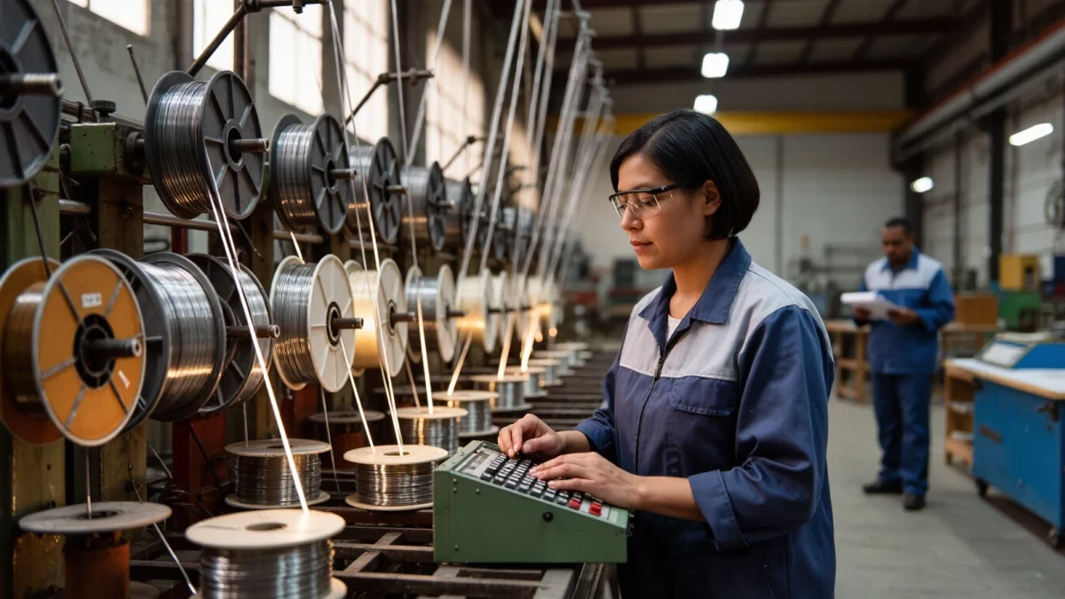 Factory worker tending a string-winding machine in a production hall