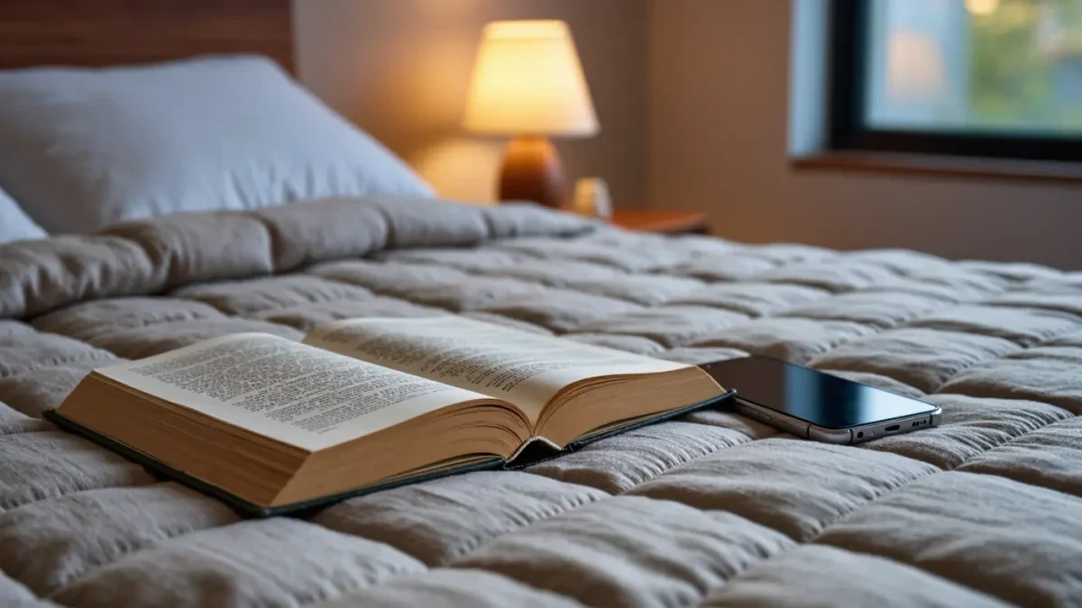 Close-up of a worn paperback open beside a phone face down