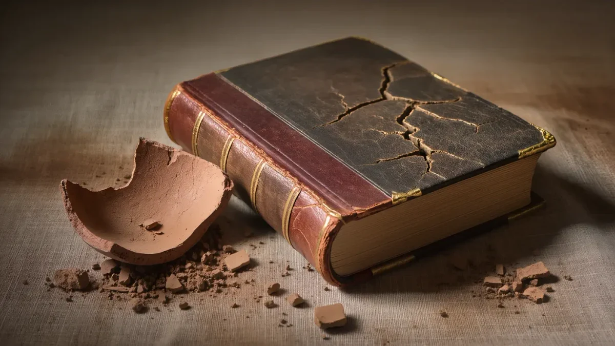 Cracked leather book spine beside a broken clay potsherd