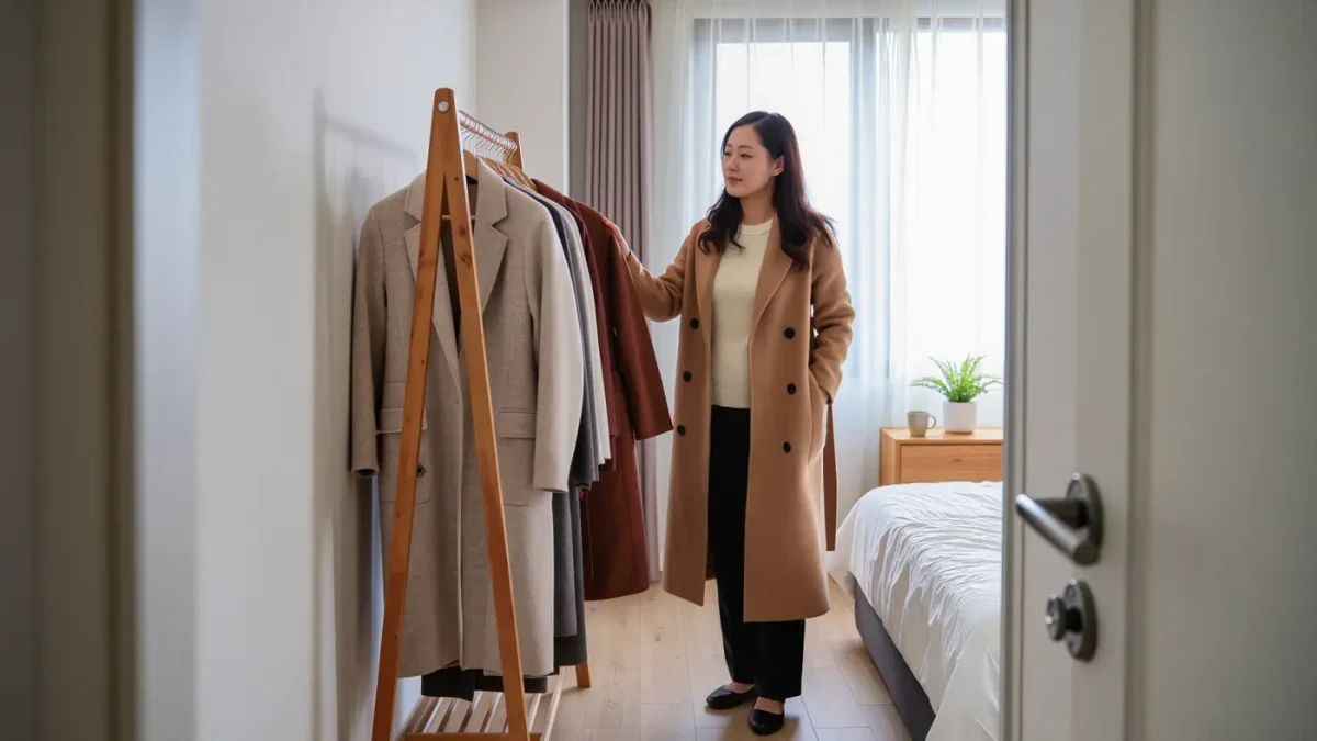 Woman hanging a camel coat on a sparse wooden clothes rail