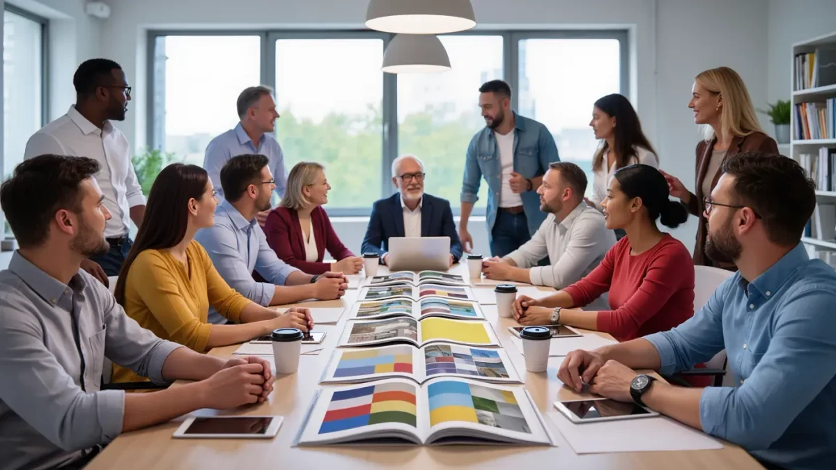 Magazine editorial office with editors reviewing print layouts on a long table