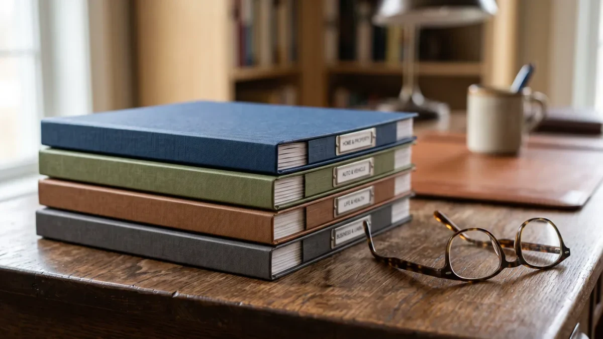 Four core insurance policy documents in a labeled stack
