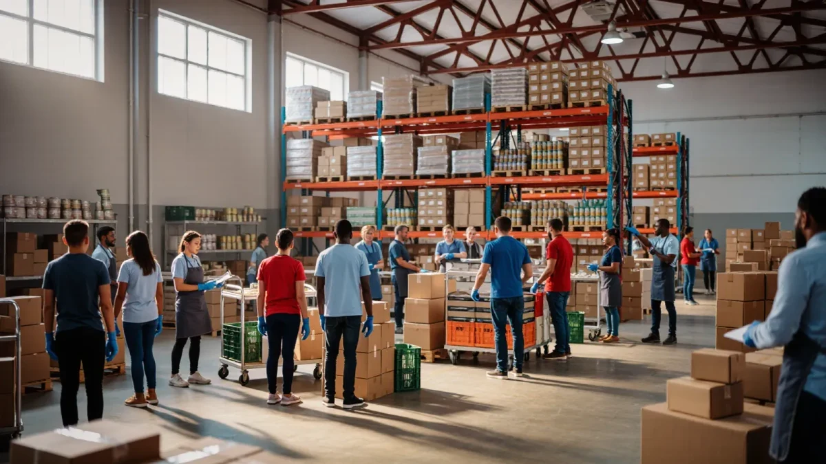 Volunteers sorting donated food at a community food bank