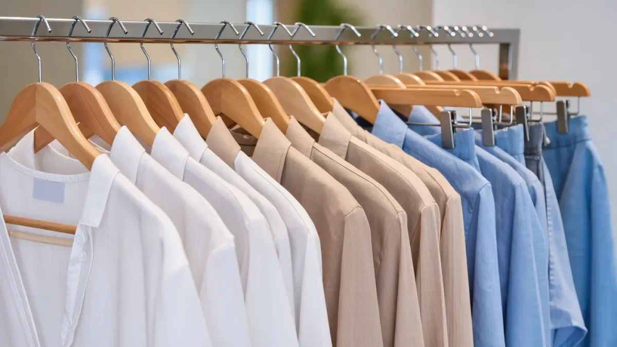 Close-up of neatly folded summer garments on a bright retail rail
