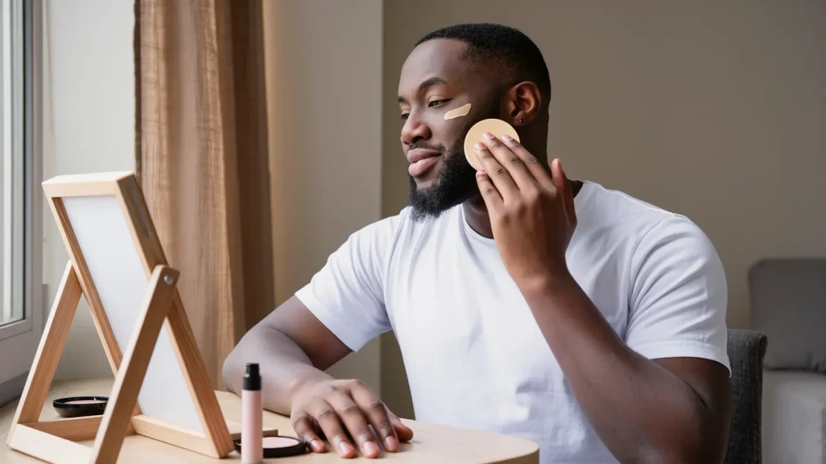 Man blending cream contour along his cheekbone at a daylight vanity