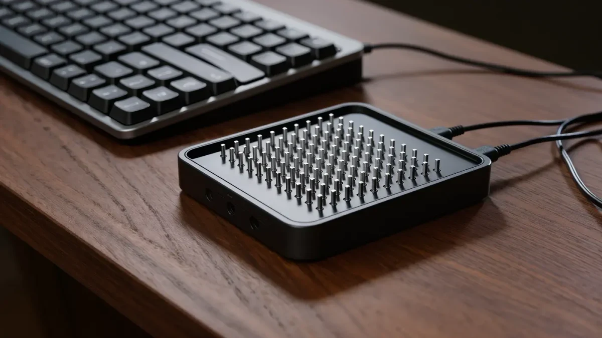 Close-up of a screen reader refreshable braille display beside a keyboard