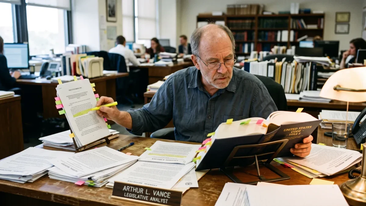 Analyst reviewing printed executive orders with statutory citations marked
