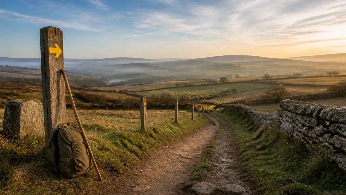 Winding countryside pilgrimage path marked by arrows, walking staff, and backpack.