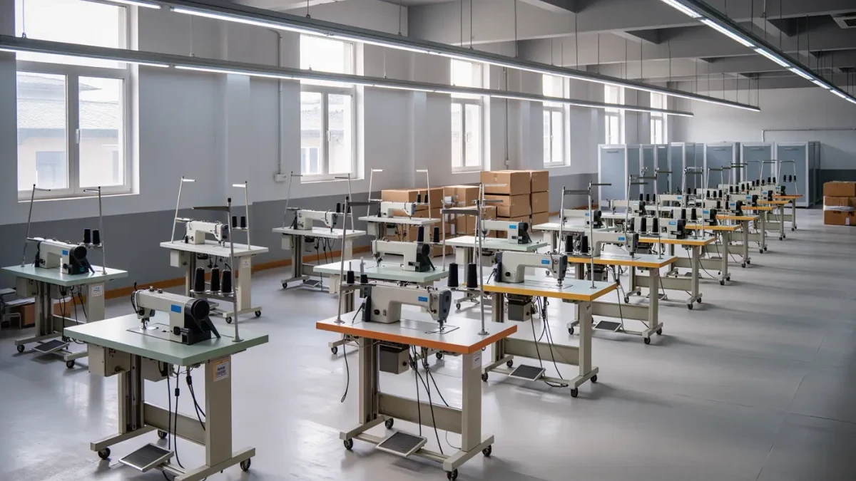 Garment factory floor with new sewing lines being set up