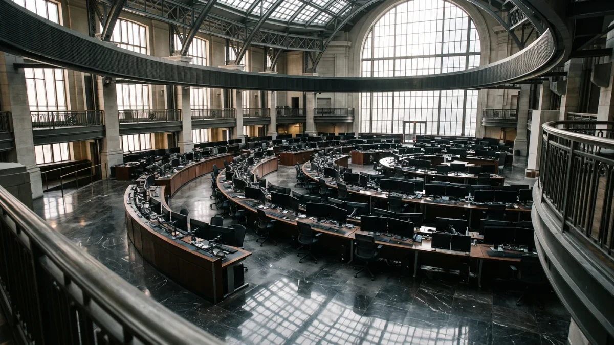 Financial district trading floor seen from a mezzanine walkway