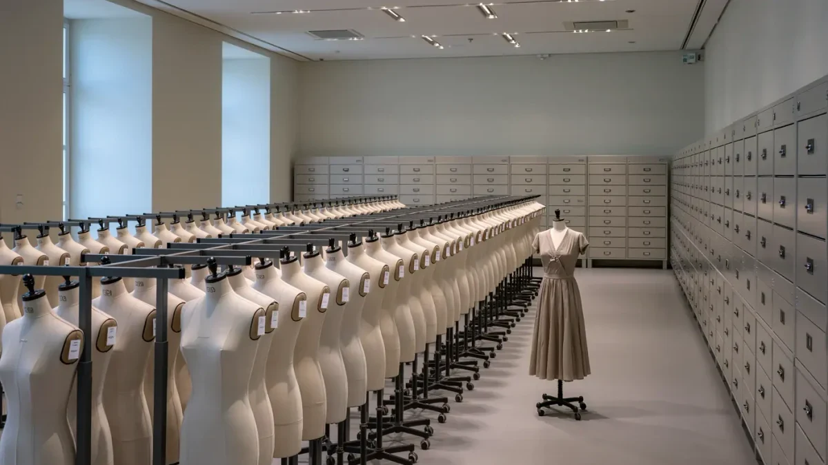 Infographic of a fashion archive: rows of garment storage with accession labels