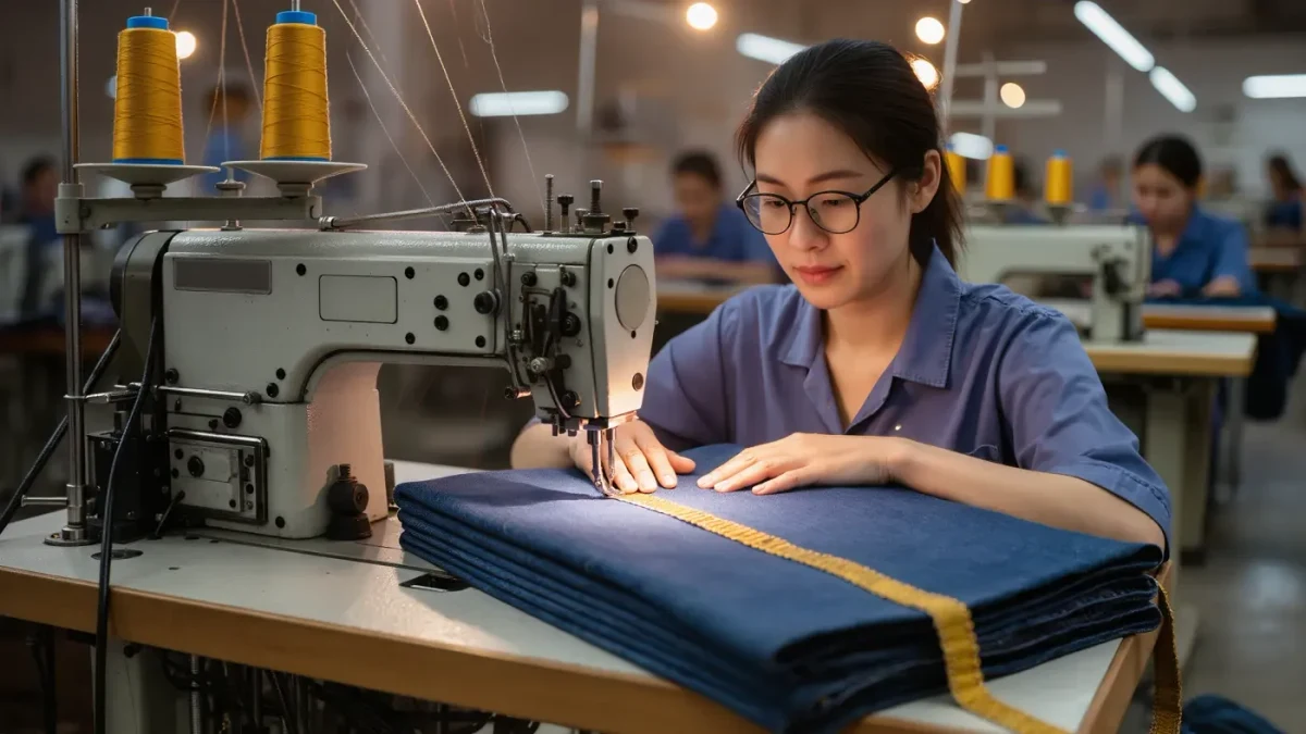 Sewing machine operator guiding denim through an industrial flat-felled seam attachment