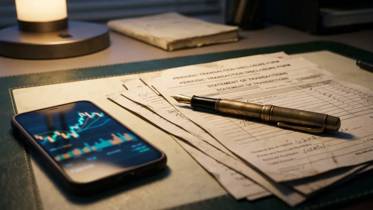 Close-up of a disclosure filing pen atop financial forms
