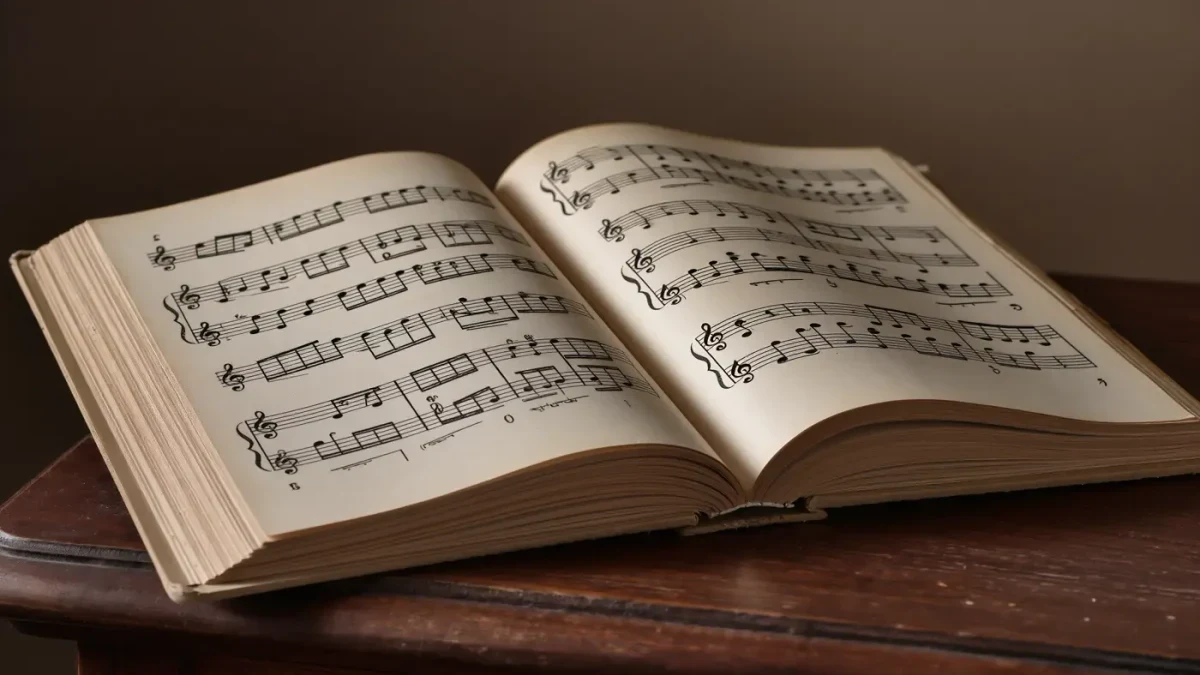 Close-up of an early printed open musical score on laid paper
