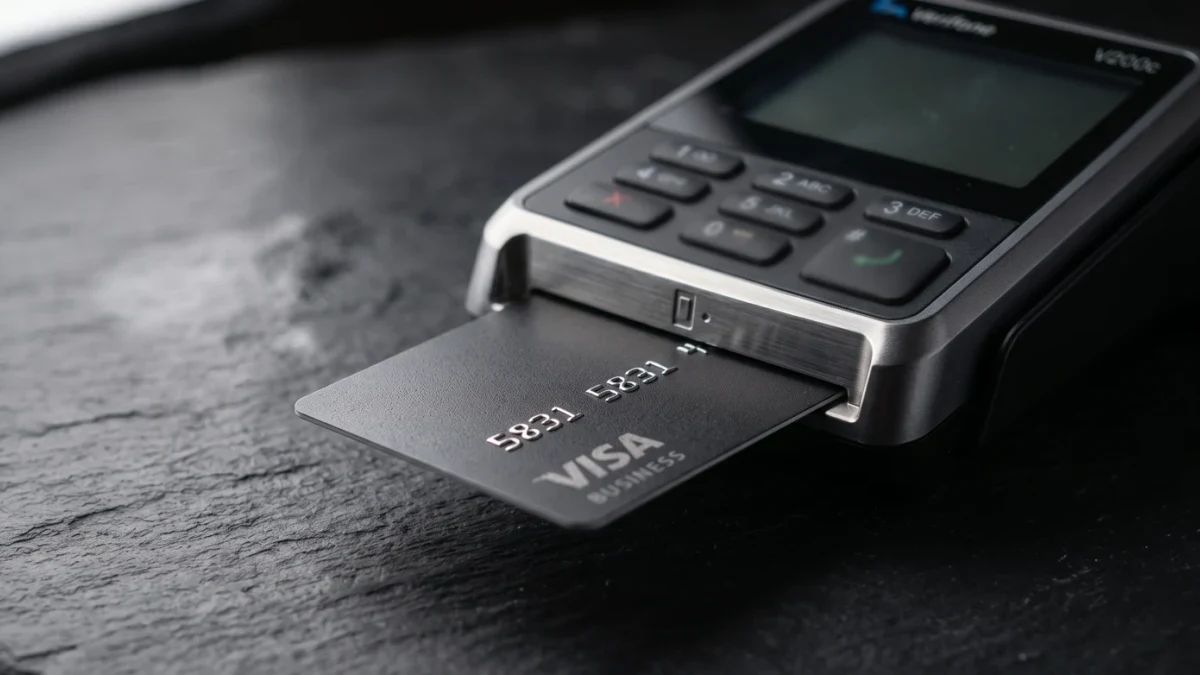 Macro shot of card being dipped into reader