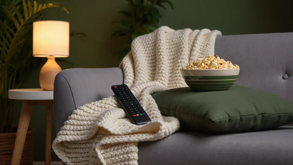 Remote resting on a knit blanket beside popcorn