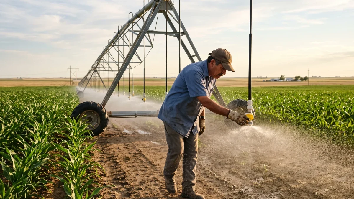 Irrigation manager inspecting sprinkler nozzles on a center pivot