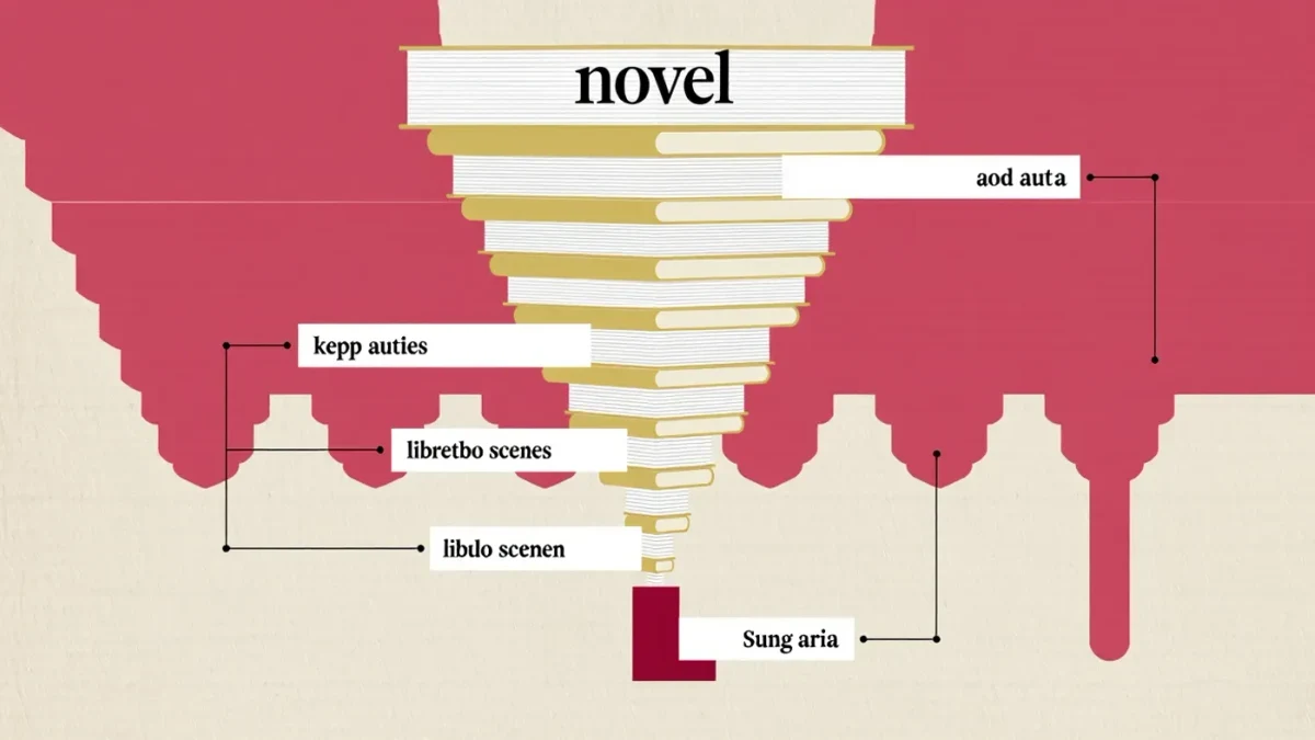 Infographic funnel showing a novel compressed into a libretto and rebuilt as opera