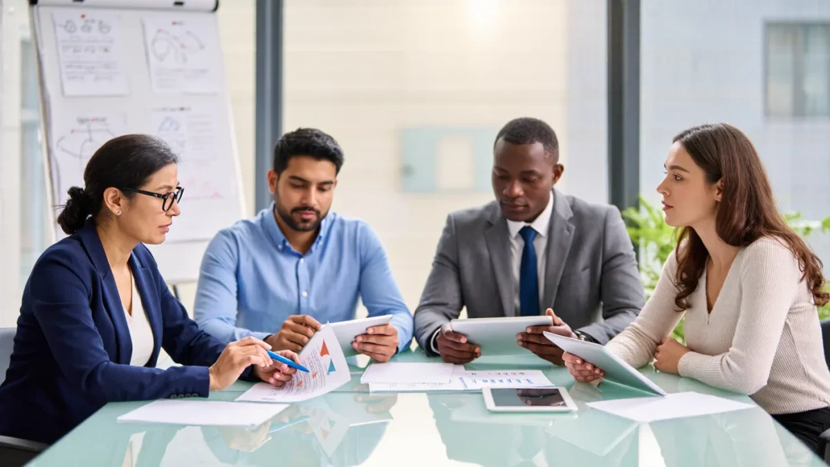 PR team reviewing drafts on tablets around a conference table