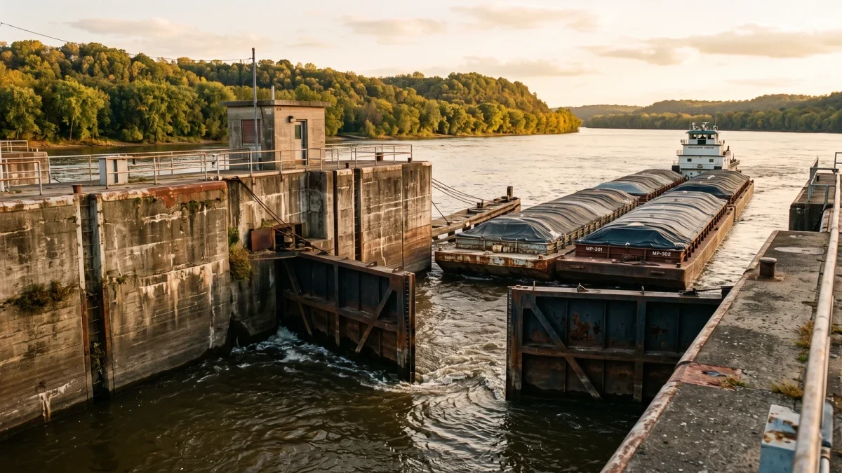 Tow of grain barges locking through on the Mississippi