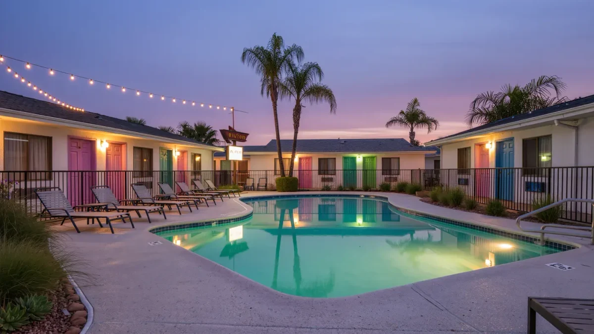 Restored mid-century motel with courtyard pool at dusk