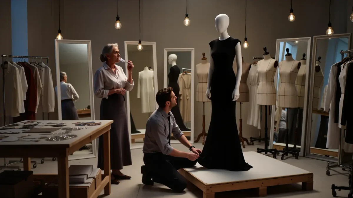 Cutters fitting a black dress on a model inside a busy Paris atelier