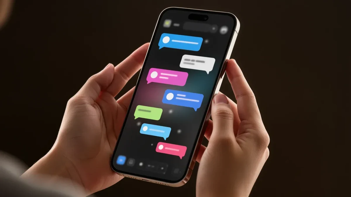 Close-up of hands holding a smartphone with blurred chat bubbles