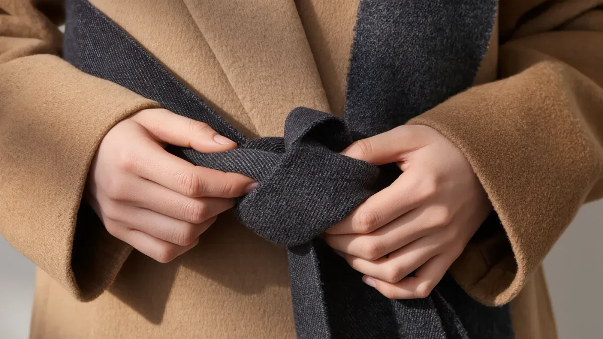 Close-up of hands knotting a charcoal wool scarf over a camel coat collar