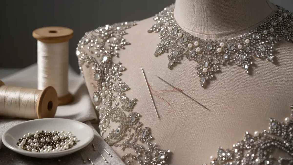 Close-up of hands hand-beading a couture gown in an atelier