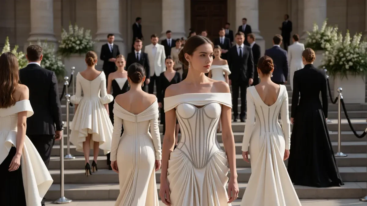 Guests in sculptural avant-garde eveningwear arriving on a museum steps red carpet