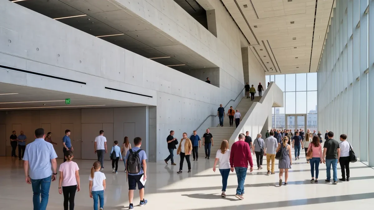 Visitors crossing a bright contemporary museum lobby with a wide stair
