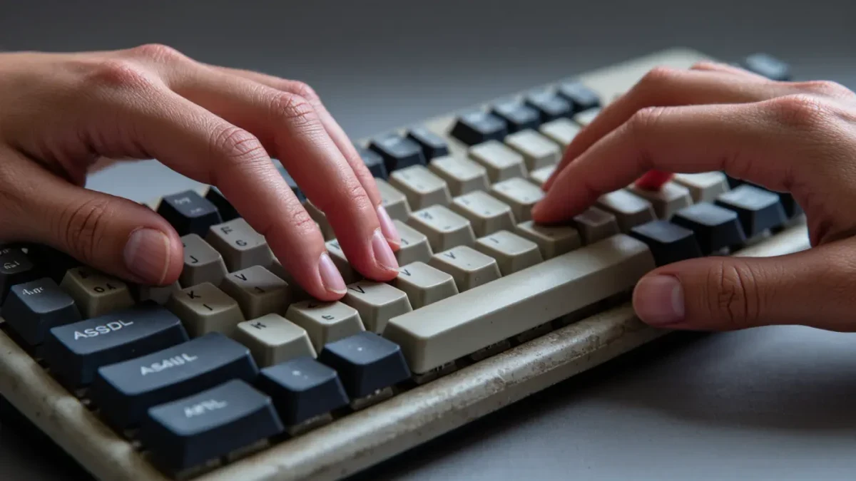 Close-up of student fingers resting on mechanical keyboard home row