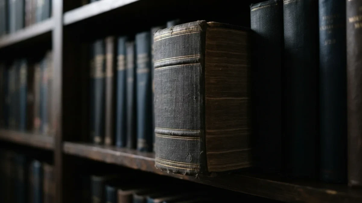 Macro photograph of a numbered legal volume spine on a shelf