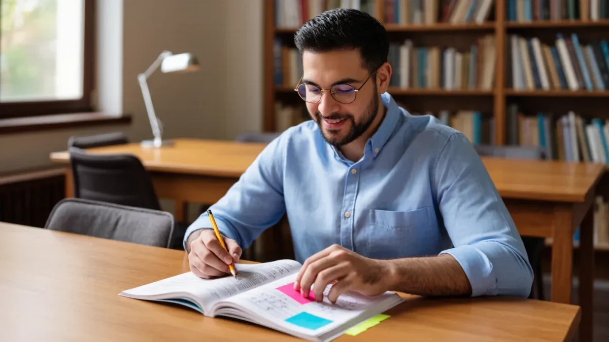 A researcher annotating a printed journal article with pencil notes