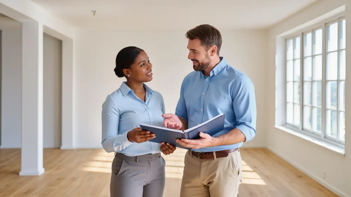 Two landlords reviewing documents while touring an apartment unit