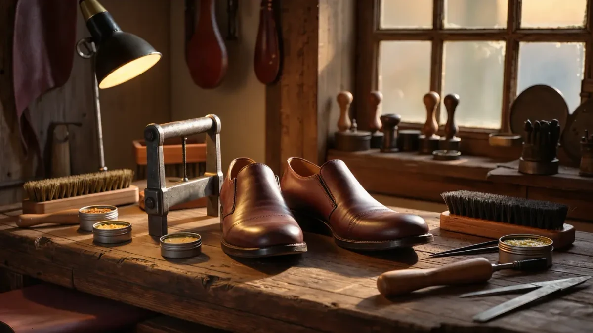 Empty cobbler workshop bench with leather shoes, tools and wax tins in warm light