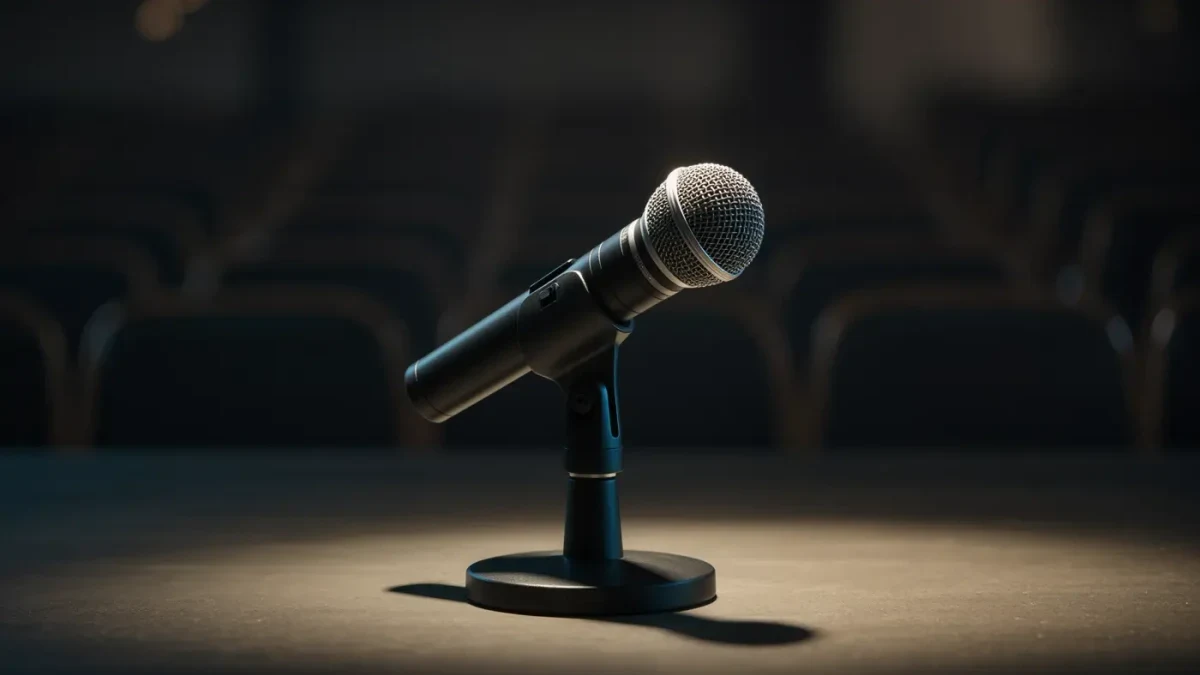Close-up of a conference stage microphone under a warm spotlight