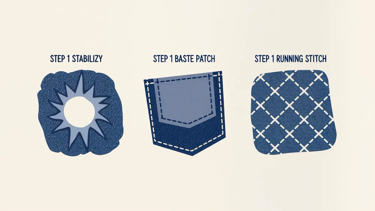 Three-step diagram of patching jeans with contrast sashiko stitching