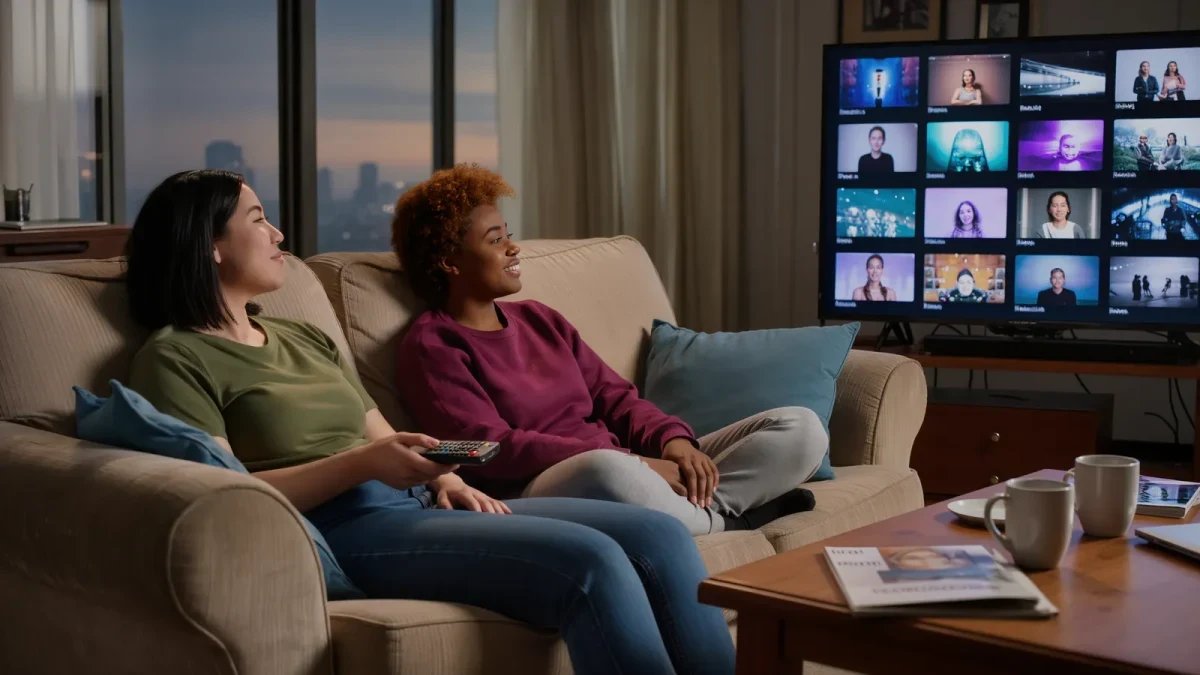 Two viewers on a sofa choosing a film on a streaming interface