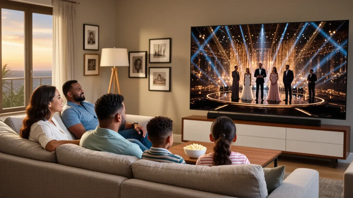 Family gathered on living room couch watching an awards show broadcast