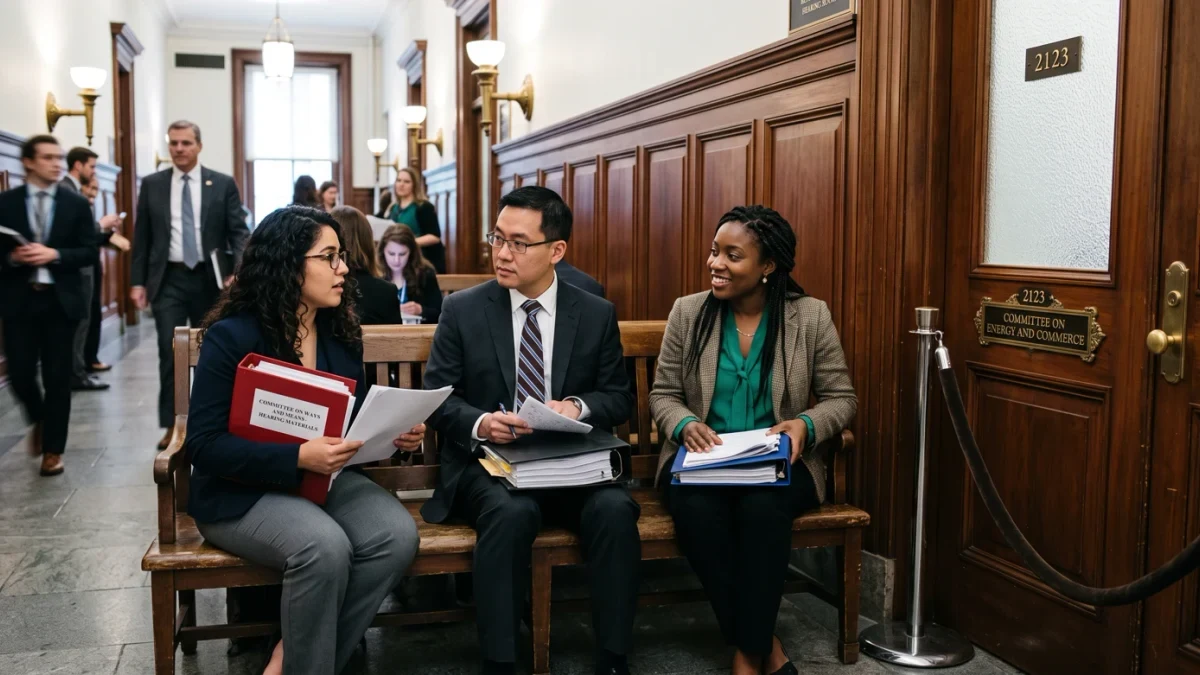 Legislative aides with binders waiting outside a committee hearing room door