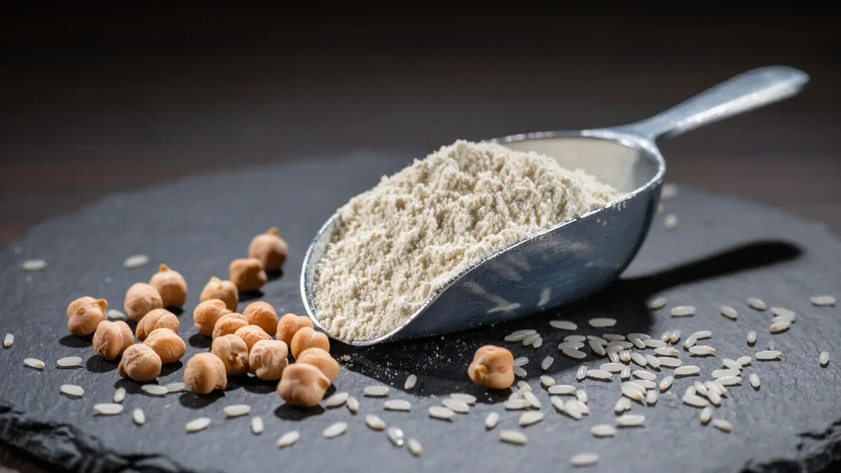 Microscopic mineral crystals texture inside whey powder scoop close-up
