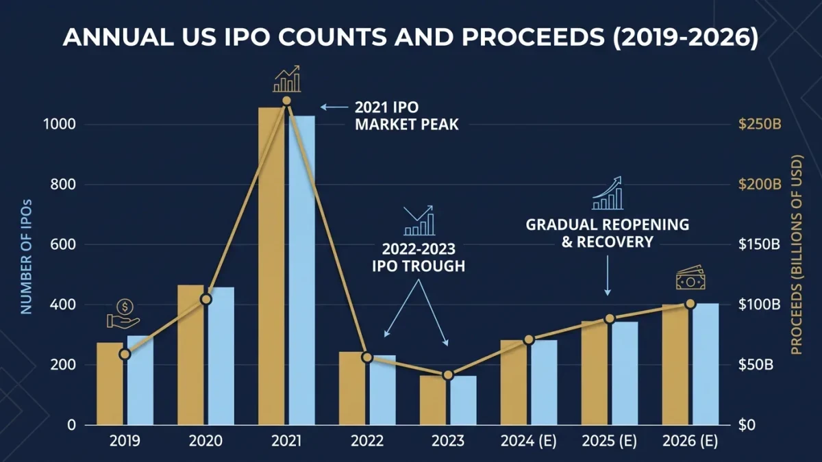 Chart of annual US IPO counts with 2021 peak, drought, and reopening