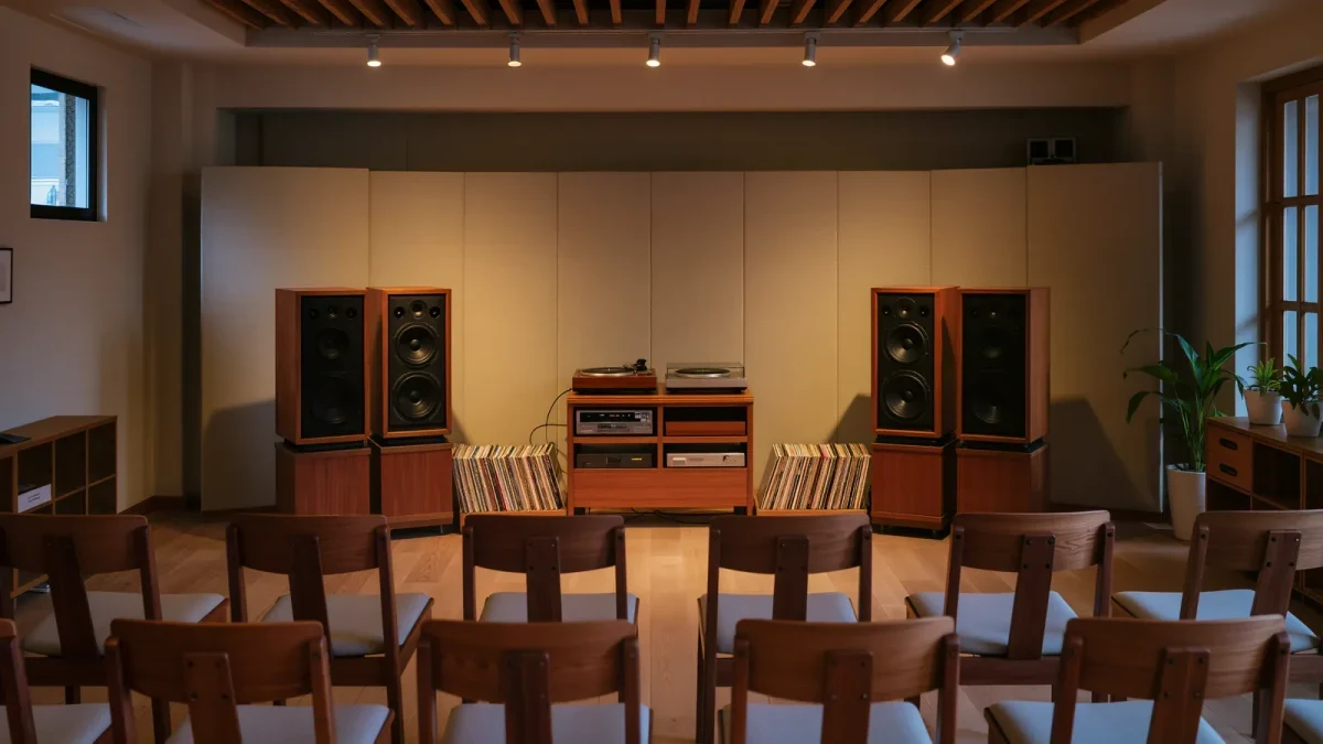 Empty listening lounge with hi-fi speakers and album sleeves before guests arrive