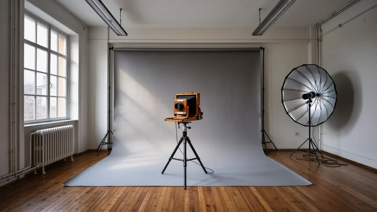 Large-format view camera on a tripod facing a grey paper studio backdrop