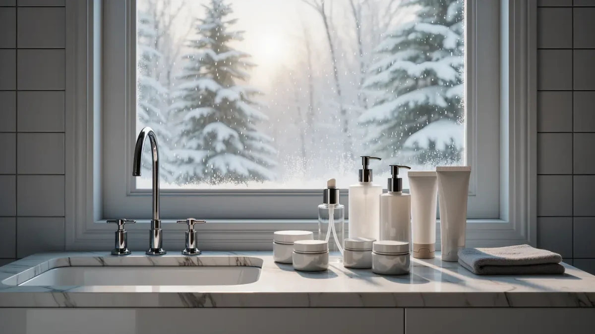 Bathroom counter with thick cream jars beside a frosted window on a snowy day